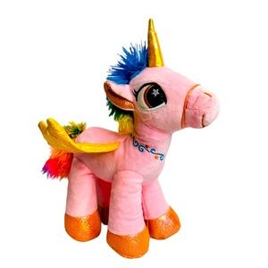 Unicorn Alicorn Pink Yellow Shiny Wings Plush‎ Stuffed Animal 14" Glitter